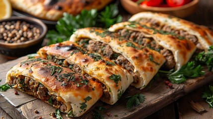 Armenian zhingyalov hats flatbread filled herbs sliced and placed on white background