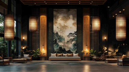Obraz premium serene hotel lobby featuring asian inspired design elements with comfortable seating and calming nature artwork creates inviting atmosphere