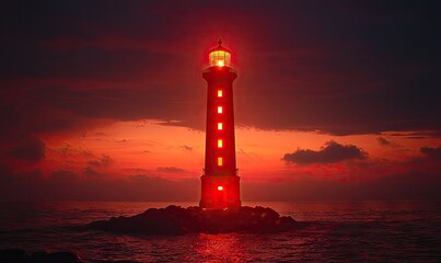 A red lighthouse stands against a dramatic sunset over the ocean, guiding ships through darkness.