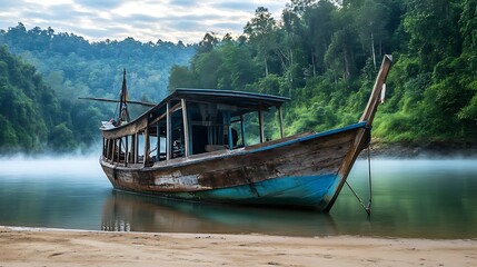 Obraz premium Wooden boat on tranquil river at dawn. Misty morning, jungle backdrop
