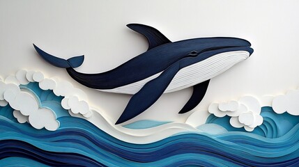 Whale leaping ocean waves paper art nature scene