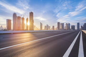 Obraz premium Golden Sunrise Over Modern Cityscape with Skyscrapers
