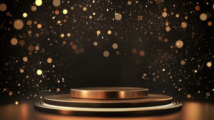 Abstract gold podium background with golden glitter and bokeh lights. Ready for display, product montage, stage showcase, promotion display.