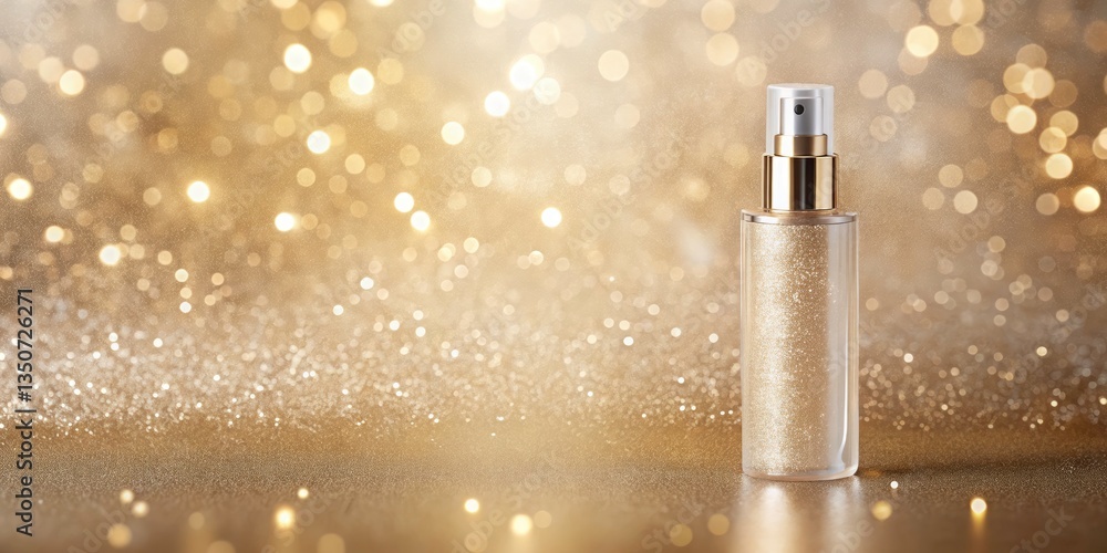 Aufkleber minimalist luxury flat lay of a shimmering body spray with soft bokeh background for elegant product