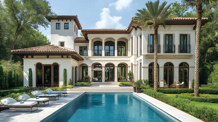 Fototapeta premium Mediterranean-style home with pool and lush landscaping. Expansive outdoor living space