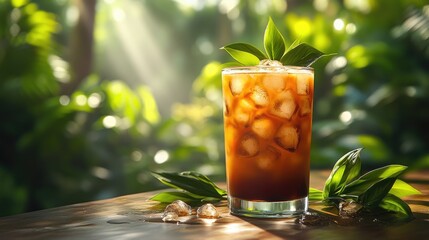 Thai iced cold brew coffee with green leaves stands on blurred background,outdoors with lush greenery and sun glare for cooking blogs,travel sites about Southeast Asia,unique coffee and summer drinks.
