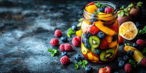 Jar with colourful fruit and water surrounded by fresh berries of different fruits for health and wellbeing blogs,websites with recipes,compotes or articles about hydration and healthy eating.