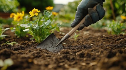 Gardening Hand Planting Flowers Spring Season Soil Trowel Garden Work Planting Yellow Flowers Nature Closeup Agriculture Farm     
