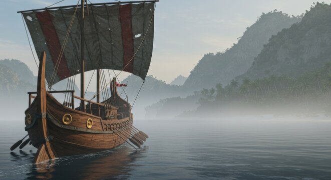 An ancient wooden ship sails upon a tranquil and misty sea