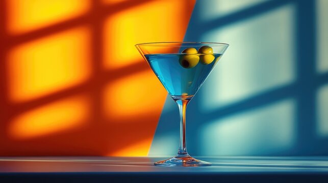 vibrant blue cocktail with olives in a martini glass, set against a background of orange and blue with window pane shadows, suitable for websites or blogs about cocktails, bars, events, or nightlife
