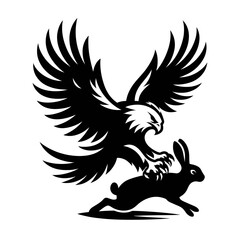 Obraz premium Eagle seizing rabbit in flight logo silhouette black color isolated white background