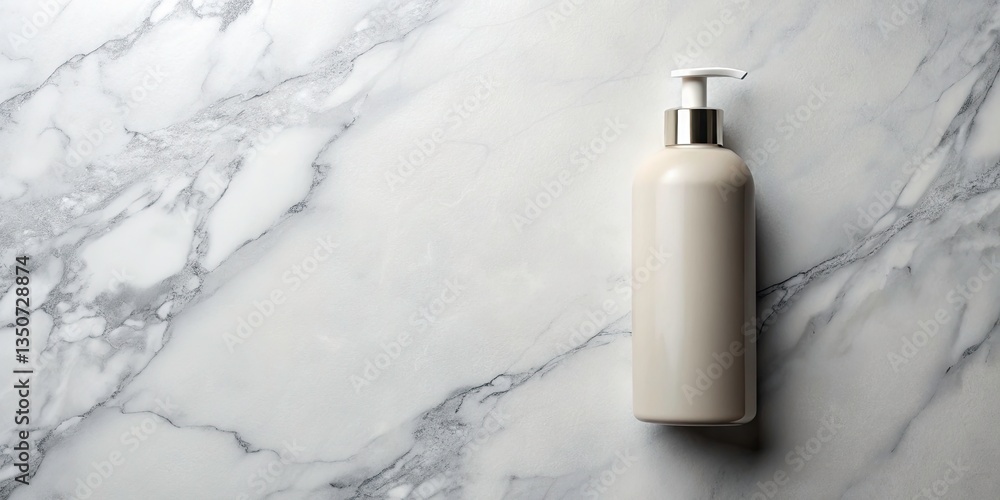 Aufkleber overhead close-up of a conditioner bottle on marble surface with copy space for modern and futuristi