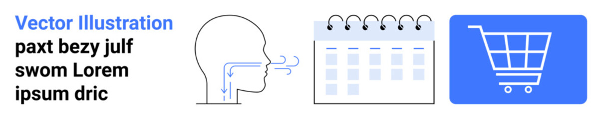 Human breathing process diagram, monthly calendar notepad, and shopping cart icon in clean flat design. Ideal for health education, appointments, scheduling, planning, online shopping, e-commerce