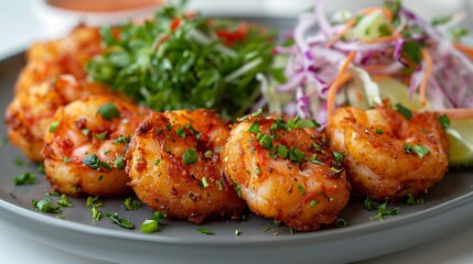 Brazilian acaraj bean fritters shrimp and salad neatly plated on white background
