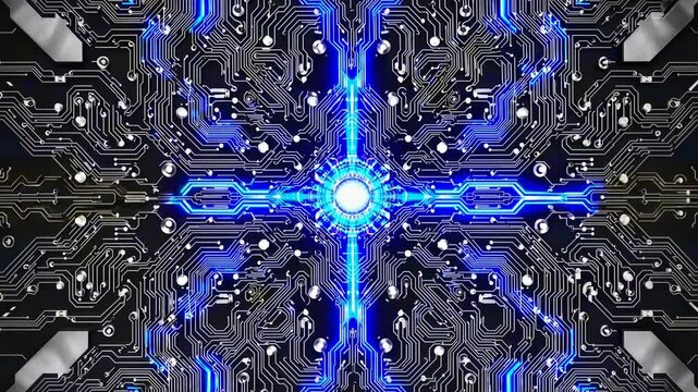 Futuristic circuit board design with glowing blue lines, captured from a top-down angle, resembling a digital video interface or sci-fi tech hub. Live desktop wallpaper.