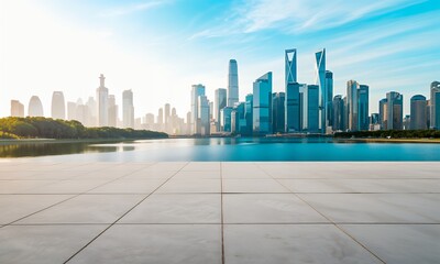 Obraz premium Serene Urban Landscape with Skyscrapers and Water Reflection