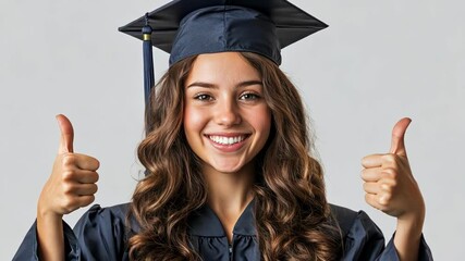 A celebratory graduate expressing joy with thumbs up.