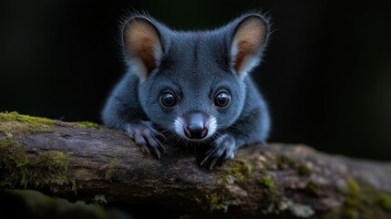 Adorable baby possum on a branch.  Close-up of a young, dark gray possum, perched on a weathered log, with large, expressive eyes. 