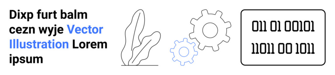 Binary code block, two gear shapes, and abstract plant symbolizing teamwork, innovation, technology, development. Ideal for tech startups, coding workshops, digital tools AI concepts educational