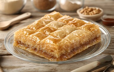 Delicious Golden Baklava Pastry Dessert on Wooden Table