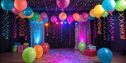 Neon-Themed Party Hall with Colorful Lights and Hanging Balloons – Modern and Vibrant Celebration Venue
