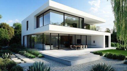 Fototapeta premium Modern two-story house with large windows, patio, and landscaped yard.