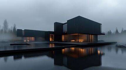 Fototapeta premium Modern, dark house on a foggy lake. Large, contemporary home with dark exterior, reflecting on calm water. Misty, tranquil scene