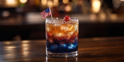 A bright red, white and blue cocktail garnished with mint and a small American flag.The drink is layered, creating a patriotic image for social media posts,blogs and websites related to American