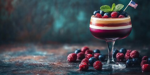 A bright red, white and blue cocktail garnished with mint and a small American flag.The drink is layered, creating a patriotic image for social media posts,blogs and websites related to American