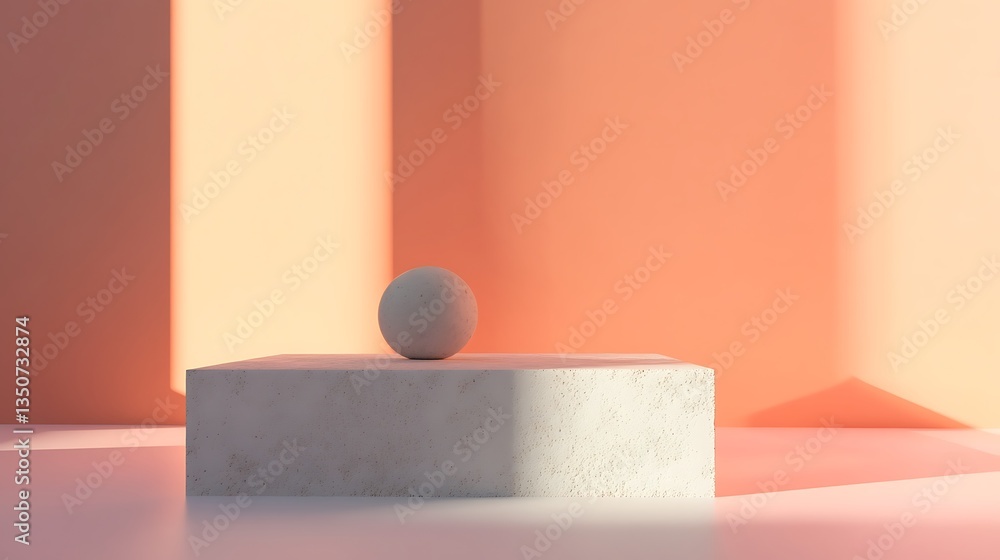 Poster white sphere rests on a light gray stone pedestal against a soft peach background with sunlight cast