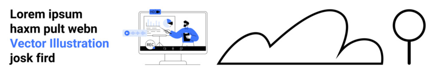 Person at desktop rearranging design, paired with abstract tree and hill shapes. Ideal for creativity, web development, teamwork, environment, collaboration, minimalism, and simple landing page