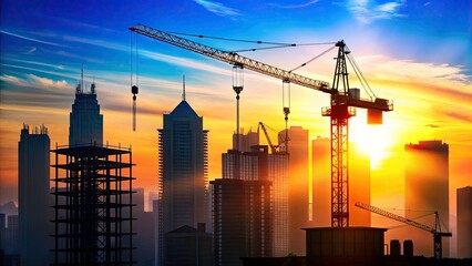 Sunset Construction Site Silhouette, High Rise Buildings, Tower Crane, Cityscape, Blue Sky, Background, Copy Space, Real Estate, Development