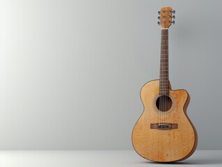 Naklejka premium Wooden guitar is sitting on a white wall