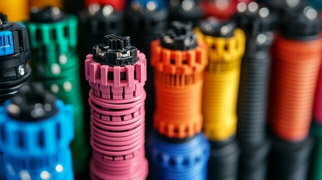 Colorful array of plastic connectors, close-up.