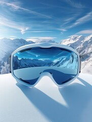 Close up of a pair of goggles with a blue lens