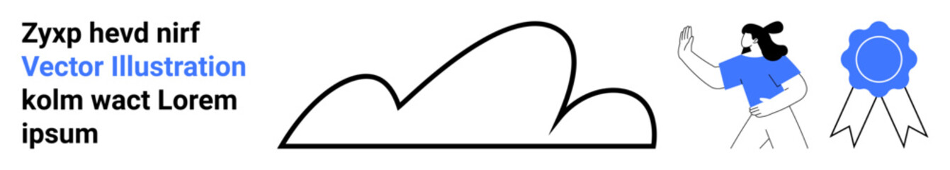 Character celebrating success with a blue award ribbon and abstract cloud. Ideal for recognition, motivation, success, achievement, goals, cloud services, and a simple landing page