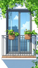 Fototapeta premium Tranquil Balcony View with Flowering Plants and Greenery Enhancing Urban Serenity Window Reflection