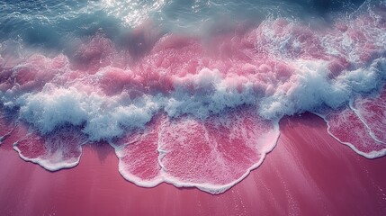 Obraz premium Pink beach waves crashing, sun rays, ocean background, travel poster