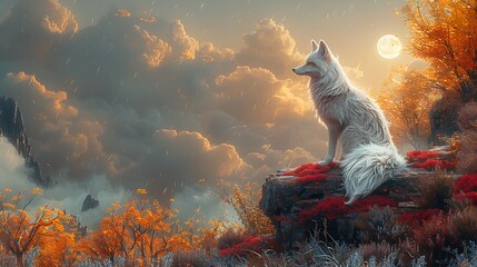Majestic white fox perched on a rocky outcrop amidst vibrant autumn foliage under a glowing moon