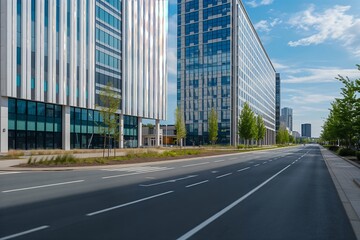 Fototapeta premium Sunny Urban Street with Modern Architecture and Greenery