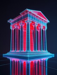Fototapeta premium ** Futuristic digital banking concept with a neon-lit wireframe structure of a classical bank building. Symbolizing fintech, cryptocurrency, blockchain, financial technology, and virtual finance