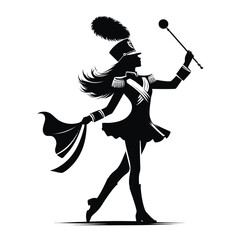 Marching band majorette with baton silhouette black color vector white background