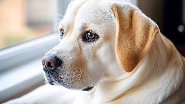 Adorable Yellow Labrador Puppy Dog Looking Out Window