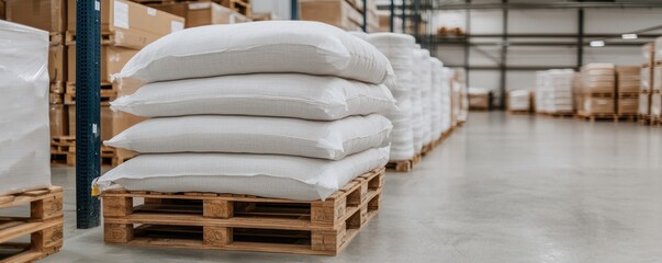 Stacked sacks on wooden pallets in a spacious warehouse setting.