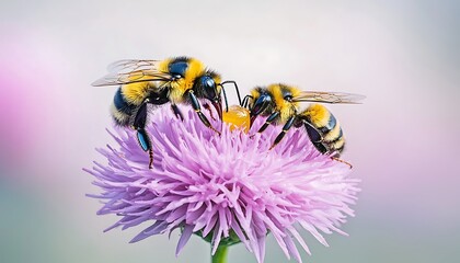 Two Bees Pollinating Purple Flower.