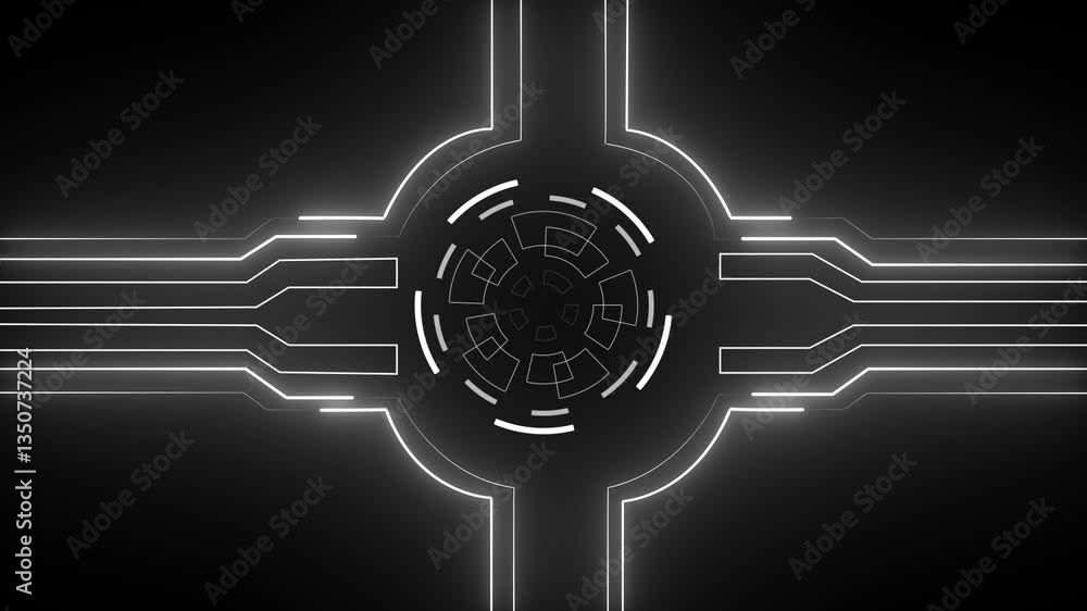 Poster glowing neon line animation on black background. neon technology background with laser beams seamles