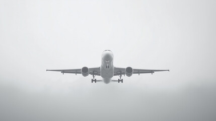 Fototapeta premium Passenger airplane taking off through clouds, front view on white background