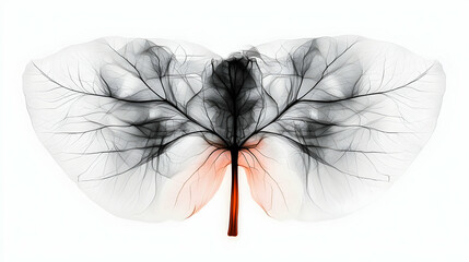 Translucent Leaf Skeleton with Delicate Veins and Orange Stem on White Background