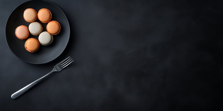 Six colorful macarons arranged on a black plate against a dark background, a fork placed beside it; concept for food blogs, bakery websites, dessert menus, and culinary publications