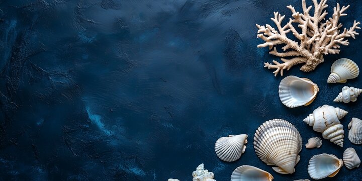 Seashells and coral on a dark blue textured background, concept for summer vacation, ocean themed design, and travel brochures